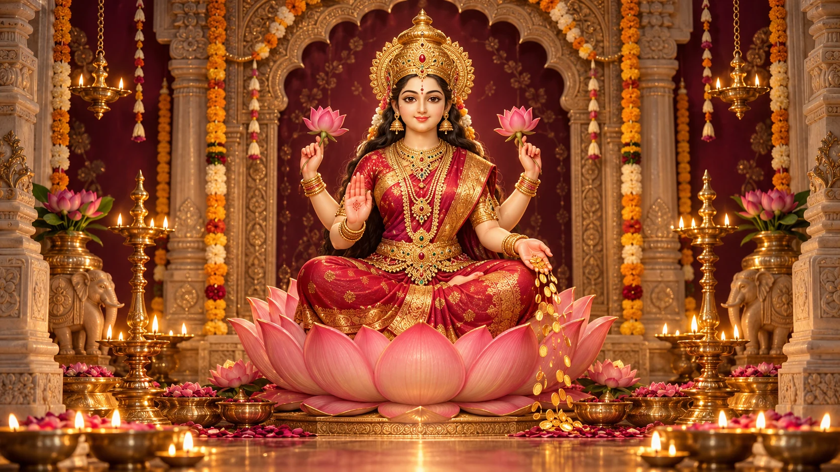 Goddess Lakshmi seated on a lotus, surrounded by traditional diyas and marigold decoration